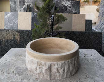 Travertine Round Vessel Sink, Rustic Marble Bathroom Basin, Handmade Stone Sink