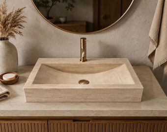 Travertine Marble Sink, Rectangular Bathroom Basin in Natural Stone, Handmade Vanity Sink