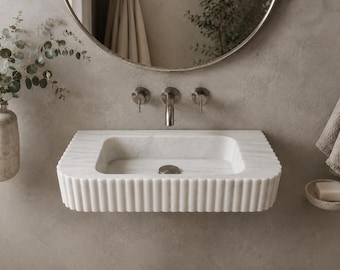 Lavabo de mármol blanco, lavabo de baño estriado en piedra natural, lavabo de tocador hecho a mano.