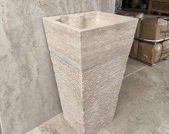 Travertine Rectangular Pedestal Sink, Freestanding Bathroom Sink, Natural Stone Basin