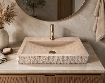 Travertine Marble Sink, Rectangular Bathroom Basin in Natural Stone, Handmade Vanity Sink