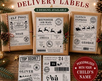 May include: Five rectangular Christmas delivery labels with black text and graphics on a light brown background. Designs include Elf Post, Reindeer Air Mail, Santa's Express, Top Secret Santa's Confidential Mail, and North Pole Express Mail.