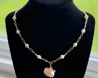 Shell Pendant Necklace with Blue Beads