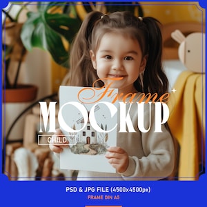 Rahmen in Kinderhände Mädchen Karte A5 Mockup in innenraum Kinderzimmer Kids Poster | Psd Smart Objekt Einfach zu bearbeiten Photoshop