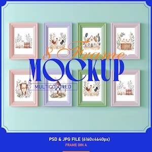 Könnte beinhalten: Ein Mockup von acht gerahmten Kunstdrucken in verschiedenen Pastellfarben. Jeder Rahmen enthält eine Aquarellillustration von Hoftieren und ländlichen Szenen. Das Wort "MOCKUP" wird in großen blauen Buchstaben mit "MULTICOLORED" darunter angezeigt.