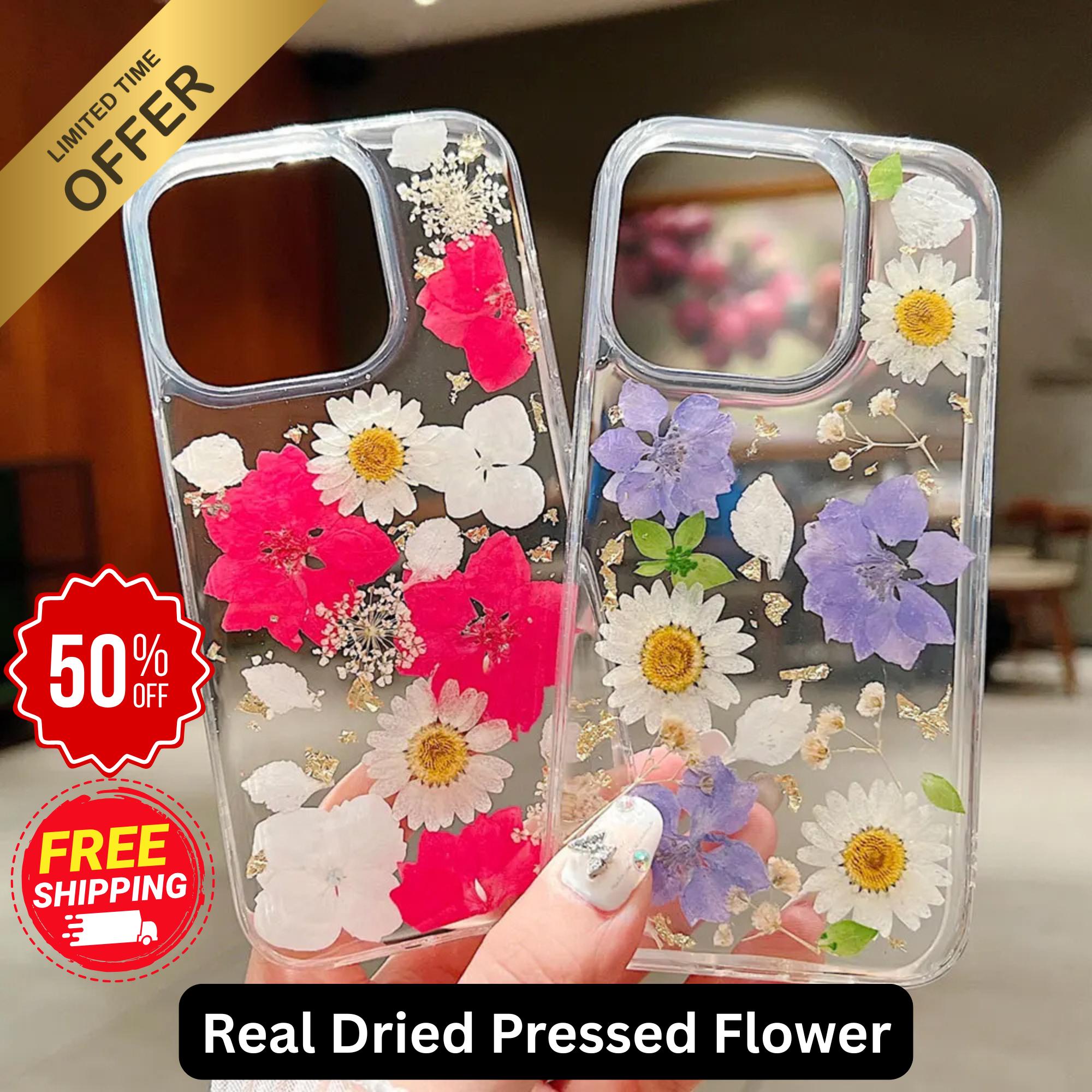 本物の押し花iPhoneケース：グリッターエポキシフローラルカバー