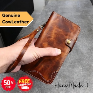 Funda para iPhone de piel de vacuno hecha a mano con correa, tarjetero, cierre magnético, regalo para él y para ella, envío gratis y 50 % de descuento.