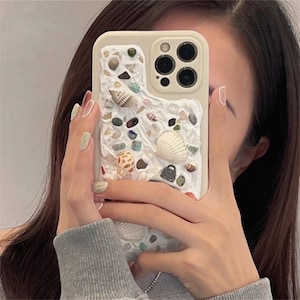 Handgefertigte Ocean Handyhülle mit echten Muscheln & Kristallen | Strandästhetik Fall | Stoßfestes Silikon iPhone Samsung Cover Geschenk