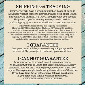 May include: Text on a cream-colored background details shipping and tracking information, guarantees, and customer service policies. The text emphasizes quick shipping, great communication, and a commitment to customer satisfaction.