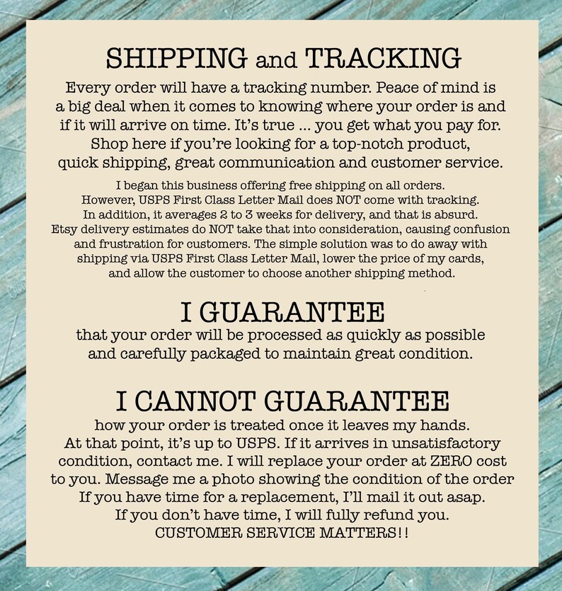 May include: Text on a cream-colored background details shipping and tracking information, guarantees, and customer service policies. The text emphasizes quick shipping, great communication, and a commitment to customer satisfaction.