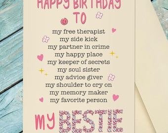 Best Friend Birthday Greeting Card / Happy Birthday Bestie / Best Friend, My Bestie, Bestie Birthday Card / Custom Option Card