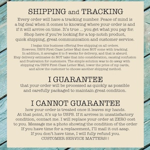 May include: Text on a cream-colored background details shipping and tracking information, guarantees, and customer service policies. The text emphasizes quick shipping, great communication, and a commitment to customer satisfaction.