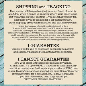 May include: Text on a cream-colored background details shipping and tracking information, guarantees, and customer service policies. The text emphasizes quick shipping, great communication, and a commitment to customer satisfaction.