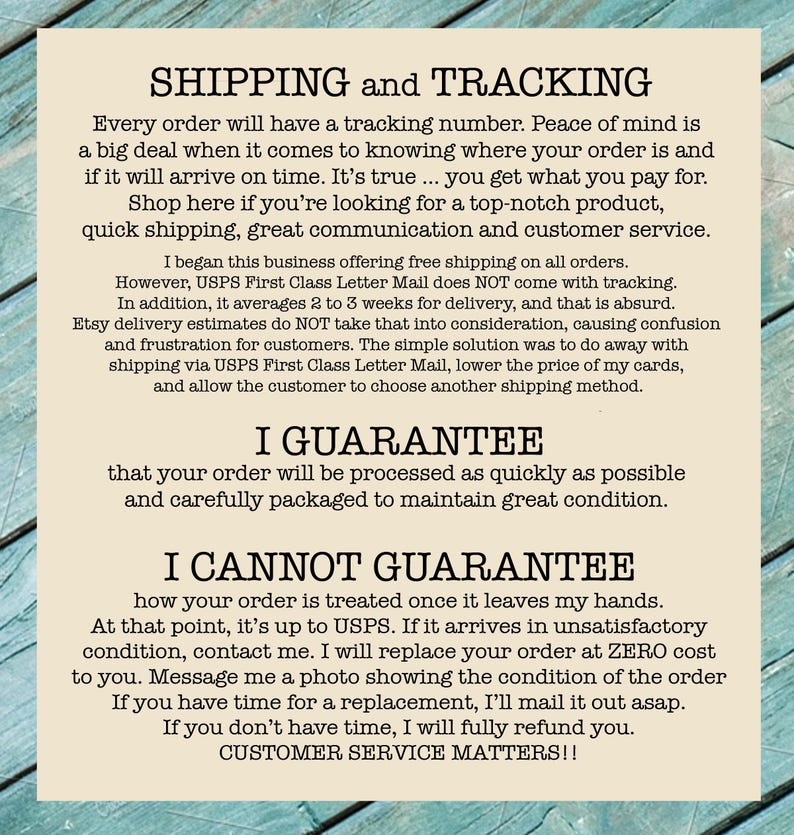 May include: Text on a cream-colored background details shipping and tracking information, guarantees, and customer service policies. The text emphasizes quick shipping, great communication, and a commitment to customer satisfaction.