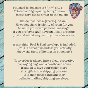 May include: A greeting card on ivory matte card stock with a colorful monkey illustration wearing sunglasses. The text states: Finished folded size is 5" x 7" (A7). Printed on high quality ivory/cream matte card stock. Inside includes a greeting.