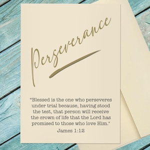 May include: A rectangular cream-colored card featuring the word Perseverance in large gold script font with a gold line underneath. Below the text is the Bible verse James 1:12 printed in black serif font, accompanied by a matching cream-colored envelope.