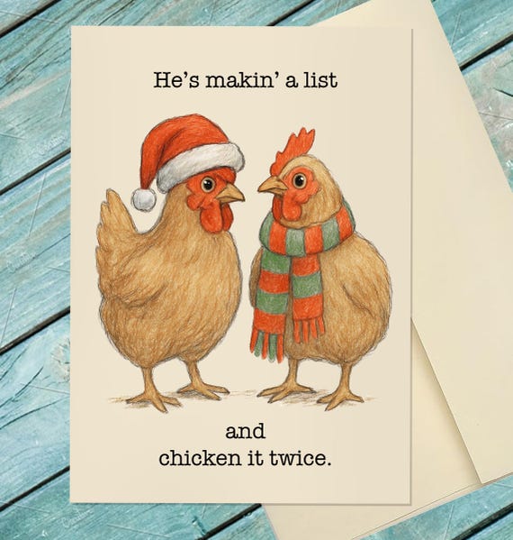 Funny Christmas Chicken Card / He's Making a List Christmas Card / Funny Christmas Card / Funny Santa Card / Custom Christmas Card