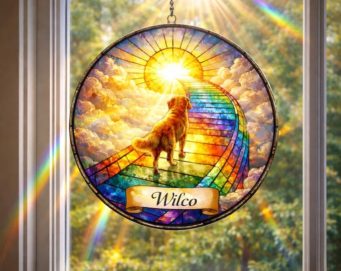 Personalized Dog Memorial Stained Glass Suncatcher, Custom Pet Loss Gift, Rainbow Bridge Dog Portrait, Dog Sympathy Gift, Remembrance Gift