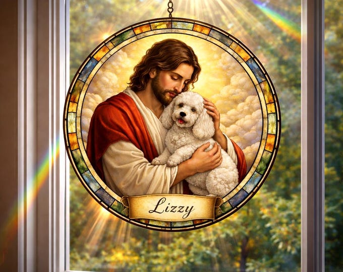 Personalized Dog Memorial Stained Glass Suncatcher, Christian Custom Pet Loss Gift, Rainbow Bridge Dog Portrait, Dog Sympathy Gift