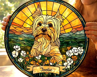 Benutzerdefinierte Hund Suncatcher Glasmalerei, personalisierte Haustier Porträt, Hund Erinnerungsgeschenk, Haustier-Liebhaber Geschenk, Hund Fenster hängen Dekor