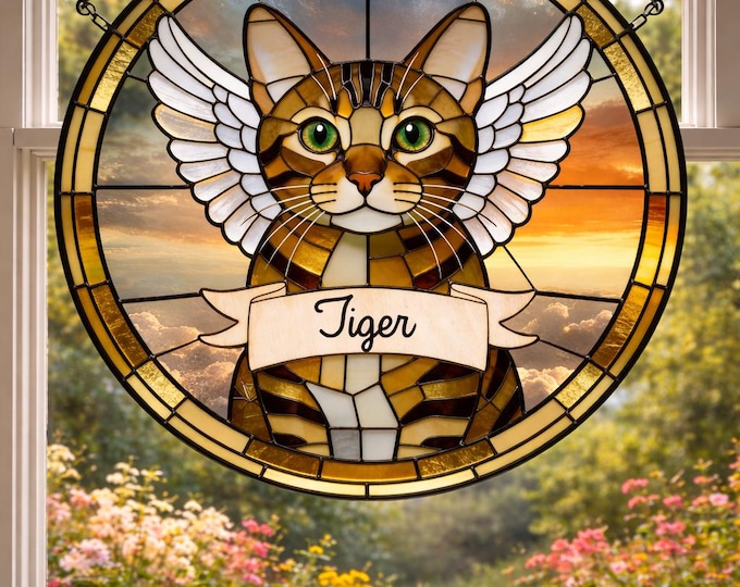 Personalized Cat Memorial Stained Glass Suncatcher, Custom Pet Loss Gift, Rainbow Bridge Cat Portrait, Cat Sympathy Gift, Remembrance Gift