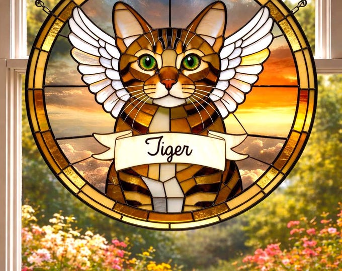Personalized Cat Memorial Stained Glass Suncatcher, Custom Pet Loss Gift, Rainbow Bridge Cat Portrait, Cat Sympathy Gift, Remembrance Gift