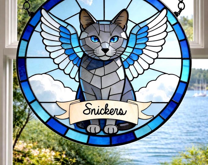 Personalized Cat Memorial Stained Glass Suncatcher, Custom Pet Loss Gift, Rainbow Bridge Cat Portrait, Cat Sympathy Gift, Remembrance Gift