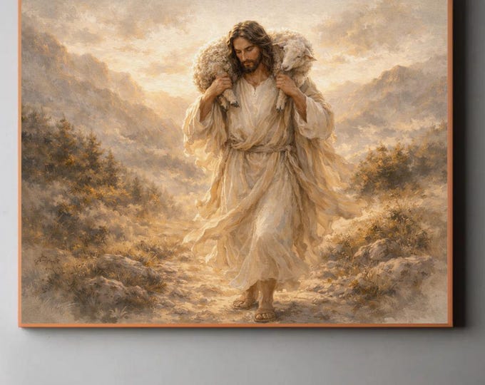 Jesus Leaves The 99 | Jesus Wall Art Canvas Print | Christian Wall Decor | Neutral Religious Art | Modern Jesus Painting | Mathew 18:13