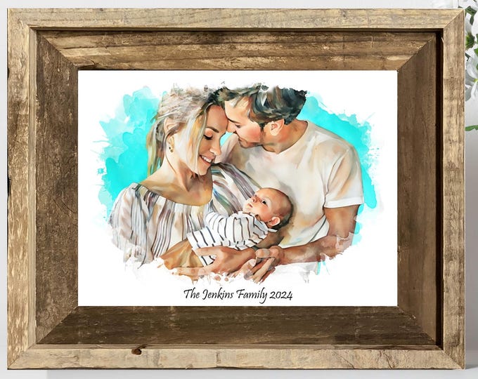 Custom Personalized Christmas Gift, Family Portrait, Baby's First Christmas : Mothers Day Gift Watercolor Portrait