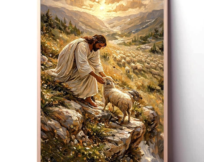 Jesus Leaves The 99 | Jesus Wall Art Canvas Print | Christian Wall Decor | Neutral Religious Art | Modern Jesus Painting | Mathew 18:13