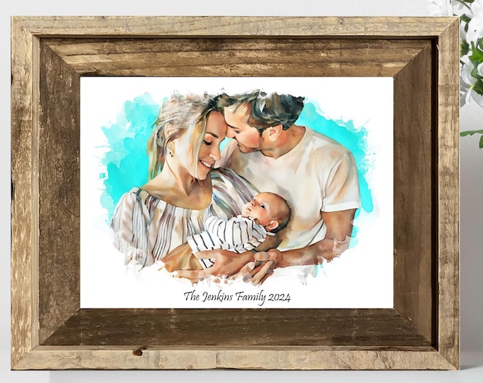 Custom Personalized Christmas Gift, Family Portrait, Baby's First Christmas : Mothers Day Gift Watercolor Portrait
