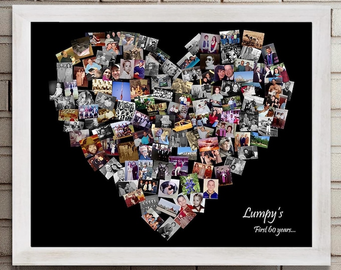 Custom Birthday Collage Personalized Photo Mosaic Heart Canvas, Valentine's Day Anniversary Gift