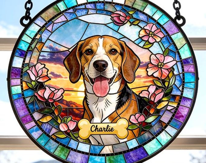 Personalized Dog Memorial Stained Glass Suncatcher, Christian Custom Pet Loss Gift, Rainbow Bridge Dog Portrait, Dog Sympathy Gift