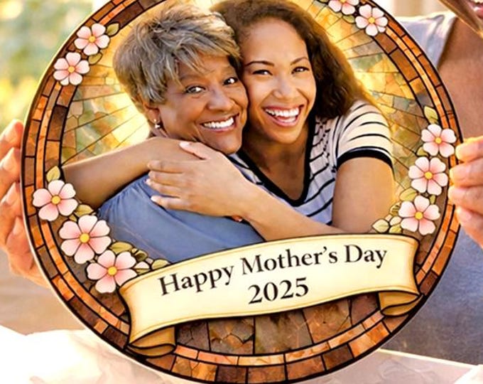 Personalized Mother’s Day Stained Glass Suncatcher, Custom Photo Gift for Mom, Grandma Gift, Floral Sun Catcher, Mother Daughter Keepsake