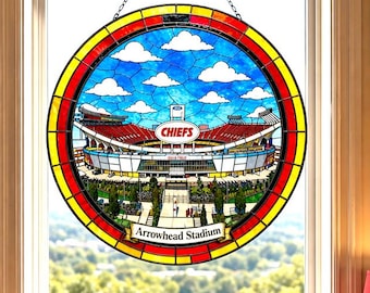 Kansas City Chiefs, Pfeilspitze Stadion Glasmalerei Suncatcher, Football Stadion Fensterbehang, personalisierte NFL Fan Dekoration, Sportfan