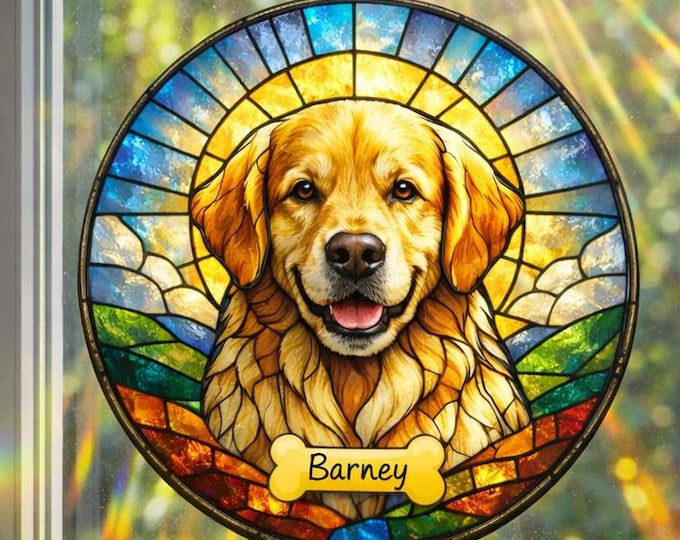 Personalized Dog Memorial Stained Glass Suncatcher, Christian Custom Pet Loss Gift, Rainbow Bridge Dog Portrait, Dog Sympathy Gift