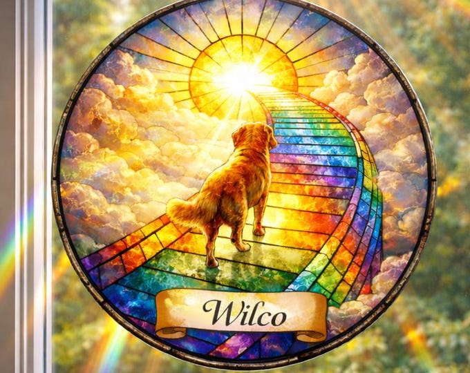 Personalized Dog Memorial Stained Glass Suncatcher, Custom Pet Loss Gift, Rainbow Bridge Dog Portrait, Dog Sympathy Gift, Remembrance Gift