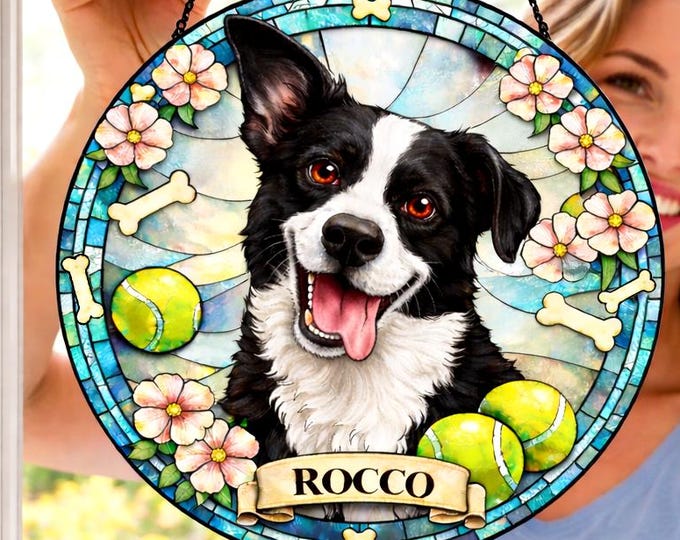 Personalized Dog Portrait Stained Glass Suncatcher, Custom Pet Memorial Stained Glass Photo Suncatcher, Dog Loss Keepsake, Pet Loss Gift