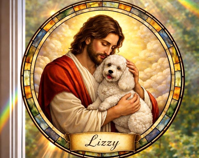 Personalized Dog Memorial Stained Glass Suncatcher, Christian Custom Pet Loss Gift, Rainbow Bridge Dog Portrait, Dog Sympathy Gift