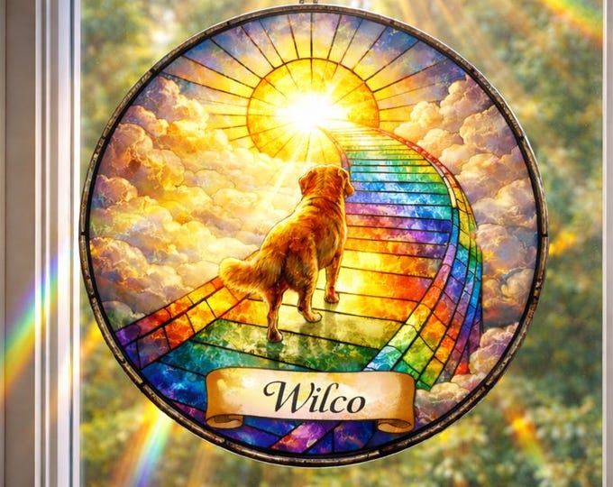 Personalized Dog Memorial Stained Glass Suncatcher, Custom Pet Loss Gift, Rainbow Bridge Dog Portrait, Dog Sympathy Gift, Remembrance Gift