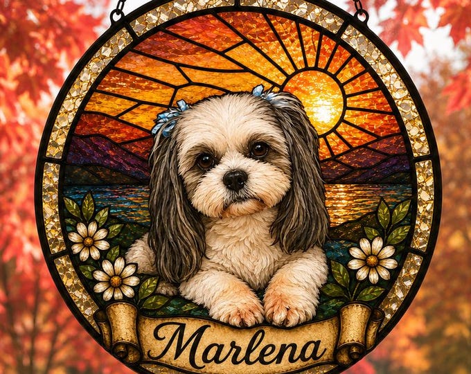 Personalized Dog Memorial Stained Glass Suncatcher, Christian Custom Pet Loss Gift, Rainbow Bridge Dog Portrait, Dog Sympathy Gift