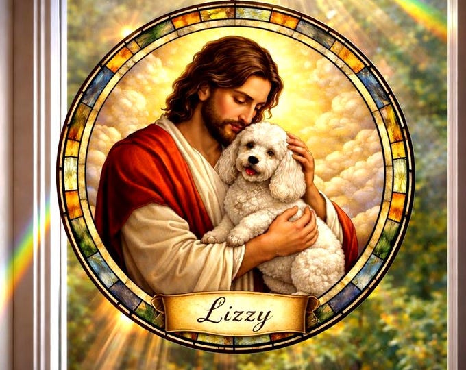 Personalized Dog Memorial Stained Glass Suncatcher, Christian Custom Pet Loss Gift, Rainbow Bridge Dog Portrait, Dog Sympathy Gift