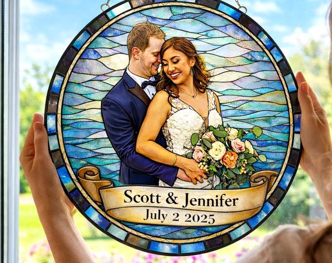 Personalized Stained Glass Suncatcher, Custom Couple Portrait, Wedding Anniversary Gift