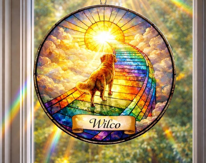 Personalized Dog Memorial Stained Glass Suncatcher, Custom Pet Loss Gift, Rainbow Bridge Dog Portrait, Dog Sympathy Gift, Remembrance Gift