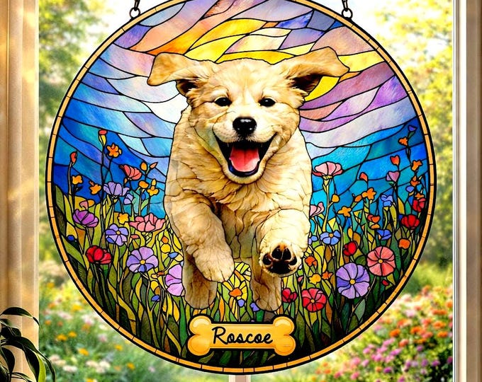 Personalized Dog Memorial Stained Glass Suncatcher, Christian Custom Pet Loss Gift, Rainbow Bridge Dog Portrait, Dog Sympathy Gift