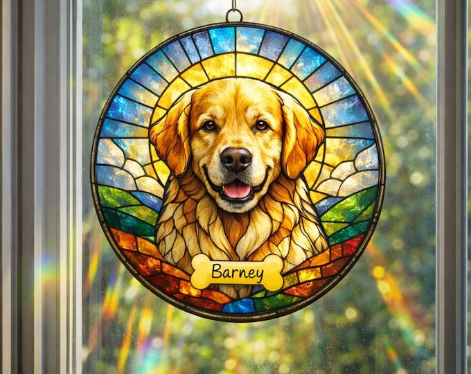 Personalized Dog Memorial Stained Glass Suncatcher, Christian Custom Pet Loss Gift, Rainbow Bridge Dog Portrait, Dog Sympathy Gift