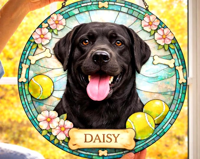 Personalized Dog Portrait Stained Glass Suncatcher, Custom Pet Memorial Stained Glass Photo Suncatcher, Dog Loss Keepsake, Pet Loss Gift