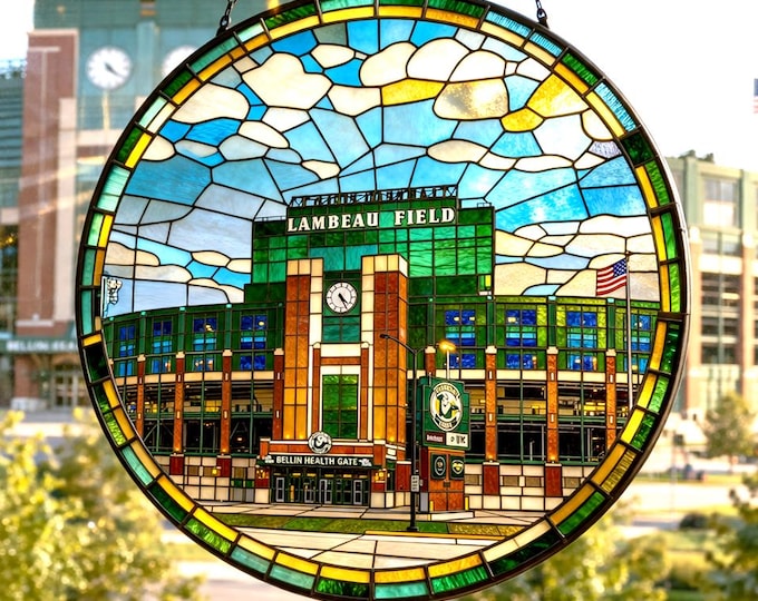 Green Bay Packers Stained Glass Suncatcher, Lambeau Field Window Hanging, Packers Fan Gift, Football Decor, Wisconsin Gift, Sports Fan Art