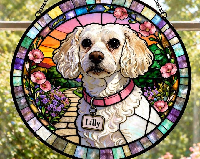 Personalized Dog Memorial Stained Glass Suncatcher, Christian Custom Pet Loss Gift, Rainbow Bridge Dog Portrait, Dog Sympathy Gift