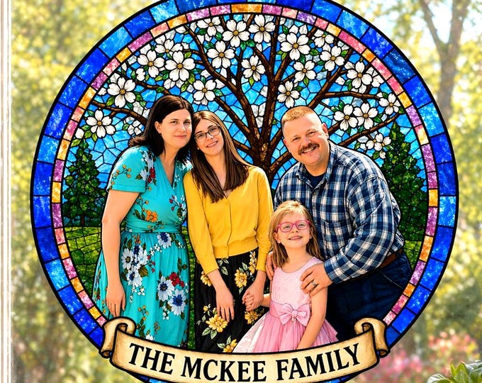 Custom Family Portrait Stained Glass Suncatcher, Personalized Family Gift with Dog, Unique Home Decor, Anniversary Gift, Mothers Day Gift